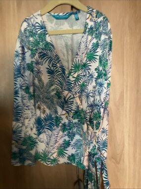 Tori Richard White Wrap Blouse with Green & Blue Tropical Palm Print